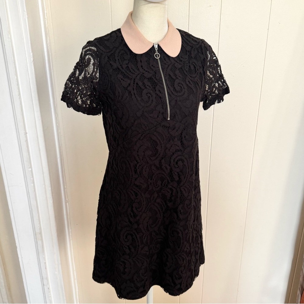 Zara Black Mini Lace Dress | Cream Peter Pan Collar | Small